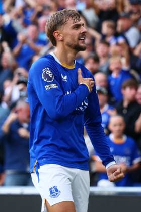 Kiernan Dewsbury-Hall of Everton celebrates scoring to make it 1-0 Everton v Crystal Palace, Premier League Football, Football, Hill Dickinson Stadium, Liverpool, UK - 22 Aug 2026Liverpool Hill Dickinson Stadium United Kingdom EDITORIAL USE ONLY No use with unauthorised audio, video, data, fixture lists, club league logos or live services. Online in-match use limited to 120 images, no video emulation. No use in betting, games or single club league player publications.  Copyright: xPaulxCurrie Shutterstockx 17111730ec