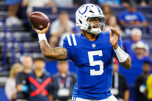 Aug 22, 2026; Indianapolis, Indiana, USA; Indianapolis Colts quarterback Anthony Richardson (5) passes the ball during NFL, American Football Herren, USA game action against the Atlanta Falcons at Lucas Oil Stadium. Mandatory Credit: -Cal Media Indianapolis USA - ZUMAc04_ 20260822_zma_c04_018 Copyright: xJohnxMersitsx