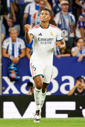 Jude Bellingham seen celebrating after scoring goal during LaLiga EASPORTS 2026 2027 game between teams of RCD Espanyol de Barcelona and Real Madrid FC at RCDE Stadium (Maciej Rogowski Ball Raw Images) Barcelona RCDE Stadium Spain Copyright: xMaciejxRogowskix maciejrogowski_espanyol_realm_2627-5