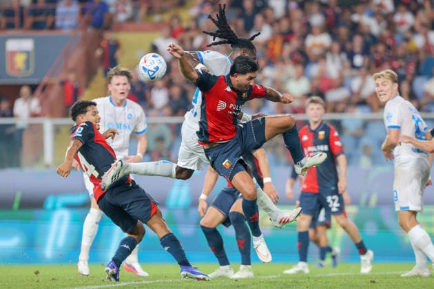 GenoaÕs Mikael Ellertsson jumps for the ball during the Serie A soccer match between Genoa and Napoli at the Luigi Ferraris Stadium in Genoa, Italy - Saturday, August 22, 2026. - Soccer .  Copyright: xTanoxPecoraro LaPressex