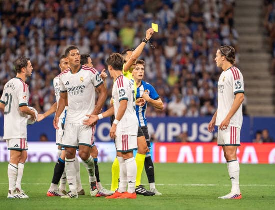 ESP: LaLiga EA Sports RCD Espanyol de Barcelona v Real Madrid referee shows yellow card during LaLiga EA Sports match between RCDE Espanyol de Barcelona v Real Madrid played at RCDE Stadium, Cornella de Llobregat, Barcelona on August 22 2026 in Spain Spain Soccer *** ESP LaLiga EA Sports RCD Espanyol de Barcelona vs. Real Madrid: Referee shows a yellow card during the LaLiga EA Sports match between RCDE Espanyol de Barcelona and Real Madrid, played at RCDE Stadium in Cornellà de Llobregat, Barcelona, on August 22, 2026, in Spain. Spanish Soccer Copyright: xAgenciaxLOFx