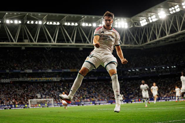 Carlos Espi seen celebrating after scoring goal during LaLiga EASPORTS 2026 2027 game between teams of RCD Espanyol de Barcelona and Real Madrid FC at RCDE Stadium (Maciej Rogowski Ball Raw Images) Barcelona RCDE Stadium Spain Copyright: xMaciejxRogowskix maciejrogowski_espanyol_realm_2627-12