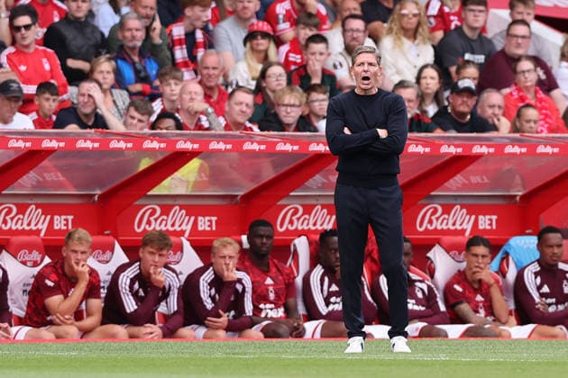 Nottingham, England, 22nd August 2026. Oliver Glasner manager of Nottingham Forest during the Nottingham Forest vs Leeds United Premier League match at the City Ground, Nottingham. Picture credit should read: David Klein Sportimage EDITORIAL USE ONLY. No use with unauthorised audio, video, data, fixture lists, club league logos or live services. Online in-match use limited to 120 images, no video emulation. No use in betting, games or single club league player publications. SPI_029_DK_Forest_Leeds SPI-4934-0028