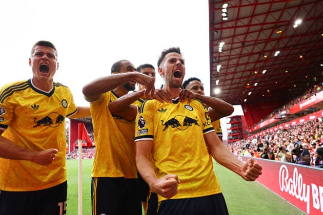 Nottingham, England, 22nd August 2026. Anton Stach of Leeds United celebrates scoring his sides opening goal during the Nottingham Forest vs Leeds United Premier League match at the City Ground, Nottingham. Picture credit should read: David Klein Sportimage EDITORIAL USE ONLY. No use with unauthorised audio, video, data, fixture lists, club league logos or live services. Online in-match use limited to 120 images, no video emulation. No use in betting, games or single club league player publications. SPI_108_DK_Forest_Leeds SPI-4934-0107