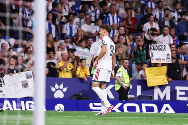 August 22, 2026, Cornella, Barcelona, SPAIN: Carlos Espi of Real Madrid CF celebrates a goal with teammates during the Spanish league, LaLiga EA Sports, football match played between RCD Espanyol and Real Madrid CF at RCDE Stadium on August 22, 2026 in Cornella, Spain. Cornella SPAIN - ZUMAa181 20260822_zaa_a181_292 Copyright: xJavierxBorregox