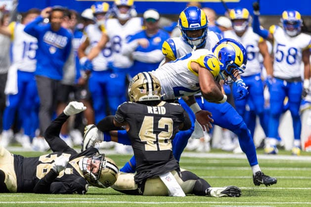 August 22, 2026, Inglewood, California, USA: Los Angeles Rams Running Back Jarquez Hunter (27) runs the ball fighting off pressure from New Orleans Saints Running Back Mike Reid (42) and Cornerback Jayden Price (38) during an NFL, American Football Herren, USA football preseason game, in Inglewood, Calif. on Saturday August 22, 2026. Inglewood USA - ZUMAc68_ 20260822_zaf_c68_032 Copyright: xRingoxChiux