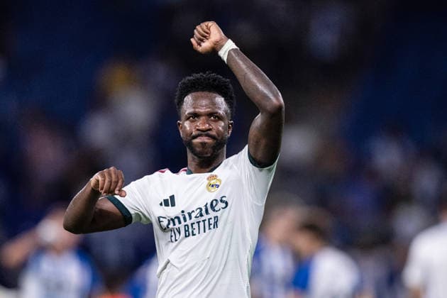 BARCELONA, SPAIN - AUGUST 22: Vinicius Junior of Real Madrid gestures during the LaLiga EA Sports football match between Espanyol and Real Madrid at Estadio RCDE on August 22, 2026 in Barcelona, Spain. (Photo by Ricardo Nogueira Sports Press Photo)  Copyright: xRicardoxNogueira SportsxPressxPhotox Sportspressphoto_SPR212891