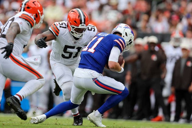 CLEVELAND, OH - AUGUST 22: Cleveland Browns defensive tackle Mike Hall Jr. (51) sacks Buffalo Bills quarterback Kyle Allen (11) during the first quarter of the National Football League preseason game between the Buffalo Bills and Cleveland Browns on August 22, 2026, at Huntington Bank Field in Cleveland, OH. (Photo by Frank Jansky Icon Sportswire) NFL, American Football Herren, USA AUG 22 Bills at Browns EDITORIAL USE ONLY Icon260822048