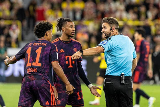 Franz-Beckenbauer-Supercup 2026: Borussia Dortmund - FC Bayern München; 22.08.2026 Daniel Schlager (Schiedsrichter, Bietigheim), Michael Olise (FC Bayern München, 17), Nathaniel Brown (FC Bayern München, 11) Franz-Beckenbauer-Supercup 2026: Borussia Dortmund - FC Bayern München; Signal Iduna Park, Dortmund; 22.08.2026 *** Franz Beckenbauer Super Cup 2026 Borussia Dortmund vs. FC Bayern Munich, August 22, 2026, Daniel Schlager (referee), Bietigheim; Michael Olise, FC Bayern Munich, 17, Nathaniel Brown, FC Bayern Munich, 11; Franz Beckenbauer Super Cup 2026: Borussia Dortmund vs. FC Bayern Munich at Signal Iduna Park, Dortmund, August 22, 2026 Copyright: xBEAUTIFULxSPORTS Buriakovx