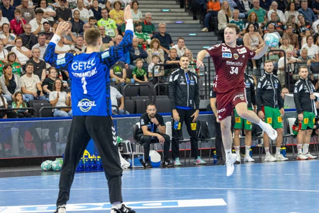 Shot on goal by Hakun West Av Teigum (Füchse Berlin, 34), SC Magdeburg vs. Füchse Berlin, Handball, HBL, REXEL SUPER CUP, 2026, 22.08.2026 Munich SAP Garden Germany Copyright: xPFA BjörnxKeckerx