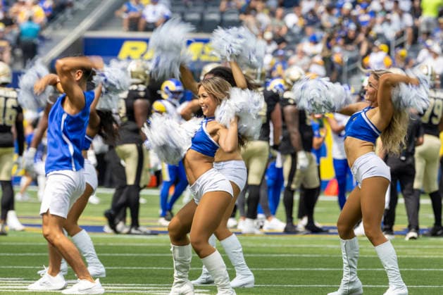 Rams Vs Saints in Los Angeles, US - 22 Aug 2026 Los Angeles Rams cheerleaders perform during an NFL, American Football Herren, USA football preseason game against New Orleans Saints, in Inglewood, Calif. Final scores; Rams 34:0 Saints. Los Angeles United States Copyright: xRingoxChiux xSOPAxImagesx 20260822RC.LArams_027