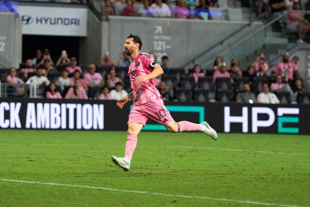 Lionel Messi seen celebrating a goal during MLS, Fussball Herren, USA game between teams of Inter Miami and Toronto (Diego Cruz Ball Raw Images) Miami Nu Stadium USA Copyright: xDiegoxCruzx DSC07164