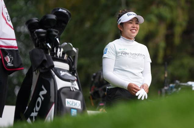 August 22, 2026, Edmonton, Ab, CANADA: Miyu Yamashita, of Japan, laughs while waiting on the 16th tee during the third round at the LPGA, Golf Damen CPKC Canadian Women s Open golf tournament, in Edmonton, on Saturday, Aug. 22, 2026. Canada News - August 22, 2026  - ZUMAc35_ 20260822_zaf_c35_165 Copyright: xDarrylxDyckx
