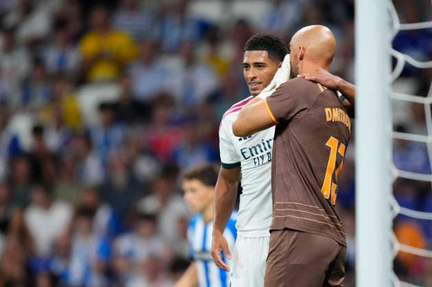 RCD Espanyol de Barcelona v Real Madrid - LaLiga EA Sports 2026 27 Marko Dmitrovic goalkeeper of Espanyol and Serbia and Jude Bellingham attacking midfield of Real Madrid and England during the La Liga EA Sports 2026 27 match between RCD Espanyol de Barcelona and Real Madrid at RCDE Stadium on August 22, 2026 in Barcelona, Spain. Barcelona Spain  Copyright: xJosexBretonx originalFilename:bretonhernandez-rcdespan260822_npt3X.jpg