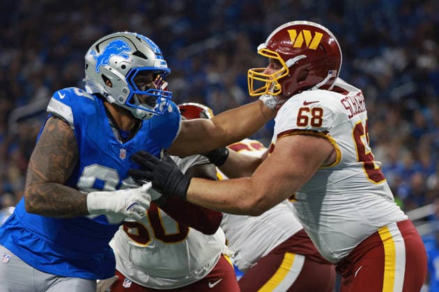 Washington Commanders vs Detroit Lions DETROIT,MICHIGAN-AUGUST 22: Defensive end Ahmed Hassanein 99 of the Detroit Lions defends against guard Max Scharping 68 of the Washington Commanders during the first half of an NFL, American Football Herren, USA preseason football game between the Washington Commanders and the Detroit Lions in Detroit, Michigan USA, on Saturday, August 22, 2026 Detroit Michigan United States  Copyright: xJorgexLemusx originalFilename:lemus-washingt260822_npPlc.jpg
