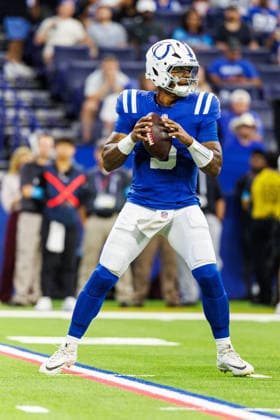 Aug 22, 2026; Indianapolis, Indiana, USA; Indianapolis Colts quarterback Anthony Richardson (5) sets in the pocket during NFL, American Football Herren, USA preseason game action against the Atlanta Falcons at Lucas Oil Stadium. Mandatory Credit: -Cal Media - ZUMAc04_ 20260822_zma_c04_380 Copyright: xJohnxMersitsx