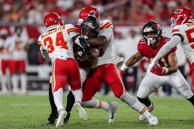 Aug 22, 2026; Tampa, Florida, USA; Tampa Bay Buccaneers running back Sean Tucker (44) is tackled after a short gain during an NFL, American Football Herren, USA game between the Kansas City Chiefs and Tampa Bay Buccaneers at Raymond James Stadium in Tampa, Florida. Mandatory Credit: Taylor McFee-Cal Media Tampa USA - ZUMAc04_ 20260822_zma_c04_413 Copyright: xTaylorxMcfeex