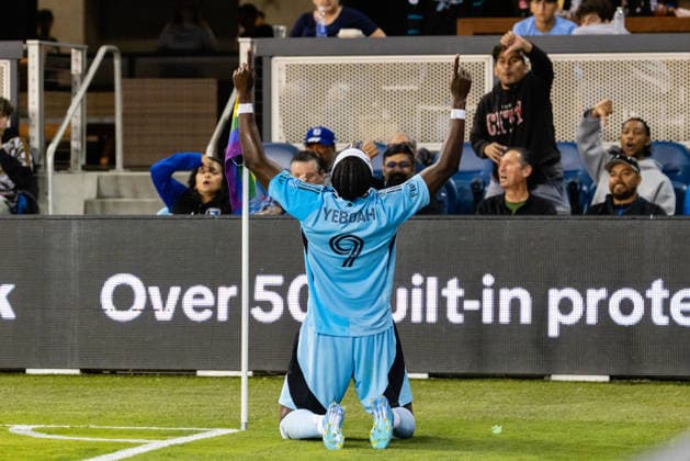SAN JOSE, CA - AUGUST 22: Kelvin Yeboah 9 of Minnesota United FC celebrates his second goal in the first half of a MLS, Fussball Herren, USA match against the San Jose Earthquakes on August 22, 2026 at PayPal Park in San Jose, CA. (Photo by Matthew Huang Icon Sportswire) SOCCER: AUG 22 MLS San Jose Earthquakes vs Minnesota United FC EDITORIAL USE ONLY Icon260822146