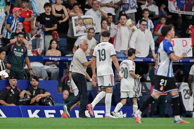 RCD ESPANYOL v REAL MADRID RCDE STADIUM BARCELONA. Aug 22, 2026 iRCD ESPANYOL vs REAL MADRID Aug 22,2026 C. Espi (19) of Real Madrid celebrates scoring his team s second goal with Jose Mourinho head coach of Real Madrid during the match between RCD Espanyol and Real Madrid corresponding to the second day of La Liga EA Sports at RCDE Stadium in Barcelona, Spain. Cornella El Prat ESP Copyright: xS.xRosx