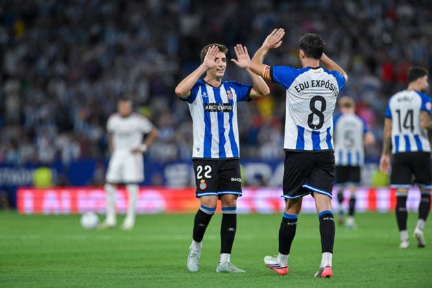RCD ESPANYOL v REAL MADRID RCDE STADIUM BARCELONA. Aug 22, 2026 RCD ESPANYOL vs REAL MADRID Aug 22,2026 Calatrava of RCD Espanyol celebrates scoring his team s first goal with Edu Exposito (8) of RCD Espanyol during the match between RCD Espanyol and Real Madrid corresponding to the second day of La Liga EA Sports at RCDE Stadium in Barcelona, Spain. Cornella El Prat ESP Copyright: xS.xRosx