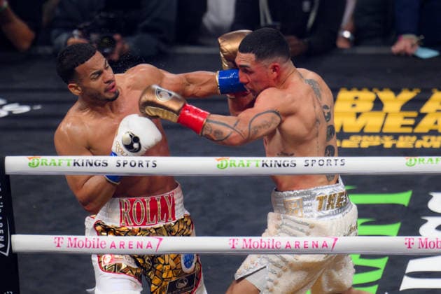 Rolando Romero vs Teofimo Lopez in Las Vegas LAS VEGAS, NEVADA - AUG 22: Rolando Rolly Romero (blue glove) and Teofimo Lopez (red glove) exchange punches during their WBA World Welterweight Championship title fight on Saturday night of main event at T-Mobile Arena in Las Vegas, Nevada, United States on August 22, 2026. Tayfun Coskun Anadolu Nevada United States. Editorial use only. Please get in touch for any other usage.  Copyright: x2026xAnadoluxTayfunxCoskunx