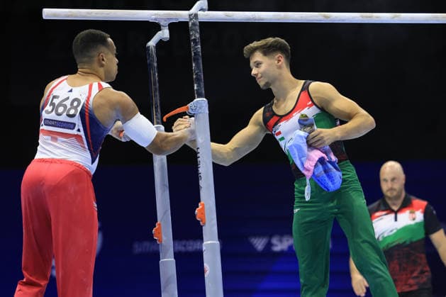 Zagreb, 22.08.2026. - 37TH EUROPEAN MEN™S ARTISTIC GYMNASTICS, Men s Artistic Gymnastics Apparatus Final Parallel bars Individual SENIORS. 568 FRASER Joe (GBR) and 589 MESZAROS Krisztofer (HUN) Men s Artistic Gymnastics Apparatus Final Parallel bars Individual SENIORS  2S6A5395.JPG