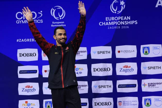 Zagreb, 22.08.2026. - 37TH EUROPEAN MEN™S ARTISTIC GYMNASTICS, Men s Artistic Gymnastics Apparatus Final Parallel bars Individual SENIORS. Medal ceremony: SILVER (TUR) ARICAN Ferhat Men s Artistic Gymnastics Apparatus Final Parallel bars Individual SENIORS  2S6A8186.JPG