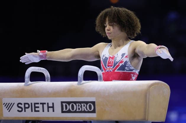 Zakaine Fawzi-McCaffrey, GBR, during juniors pommels final at 2026 Europeans in Zagreb; 22 08 2026; *** Zakaine Fawzi McCaffrey, GBR, during the junior pommel horse final at the 2026 European Championships in Zagreb on August 22, 2026 