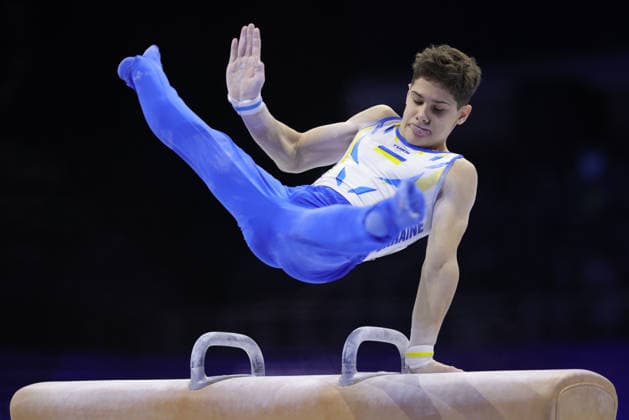 Volodymyr Golovin, UKR, during juniors pommels final at 2026 Europeans in Zagreb; 22 08 2026; *** Volodymyr Golovin, UKR, during the junior pommel horse final at the 2026 European Championships in Zagreb on August 22, 2026 