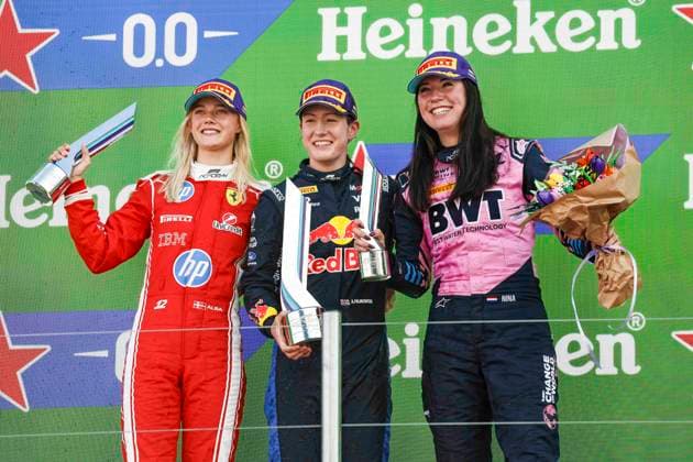 F1 - DUTCH GRAND PRIX 2026 PALMOWSKI Alisha (uk), Campos racing supported by Red Bull racing, Tatuus F4-T421, portrait LARSEN Alba (dnk), MP Motorsport supported by Ferrari, Tatuus F4-T421, portrait GADEMAN Nina (nld), MP Motorsport supported by Alpine,Tatuus F4-T421, portrait podium during the Formula 1 Dutch Grand Prix 2026, 12th round of the 2026 Formula One World Championship, WM, Weltmeisterschaft from July 21 to 23, 2026 on the Circuit Zandvoort, in Zandvoort, Netherlands - ZandvoortNetherlands  Copyright: xXavixBonillax