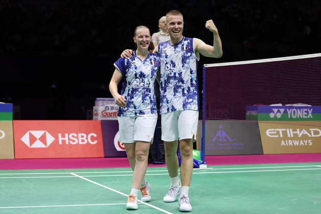 Thom Gicquel of France and Delphine Delrue of France in action during a final match of mix double during the BWF World Championships 2026 at Indira Gandhi Indoor Stadium, in New Delhi on August 23, 2026. New Delhi India Copyright: xAnshumanxAkashx