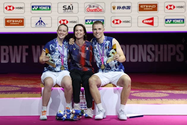 Thom Gicquel of France and Delphine Delrue of France during medal ceremony of a final match of mix double during the BWF World Championships 2026 at Indira Gandhi Indoor Stadium, in New Delhi on August 23, 2026. New Delhi India Copyright: xAnshumanxAkashx
