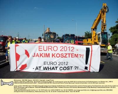 Football, EURO 2012, Construction workers block roads to football stadium