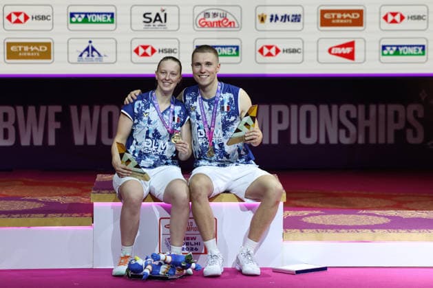Thom Gicquel and Delphine Delrue Badminton World Champions - New Delhi Thom Gicquel of France and Delphine Delrue of France attend the medal ceremony after the final match of mixed doubles during the BWF World Championships 2026 at Indira Gandhi Indoor Stadium in New Delhi, India on August 23, 2026. Photo by Anshuman Akash ABACAPRESS.COM New Delhi India  Copyright: xAkashxAnshuman ABACAx