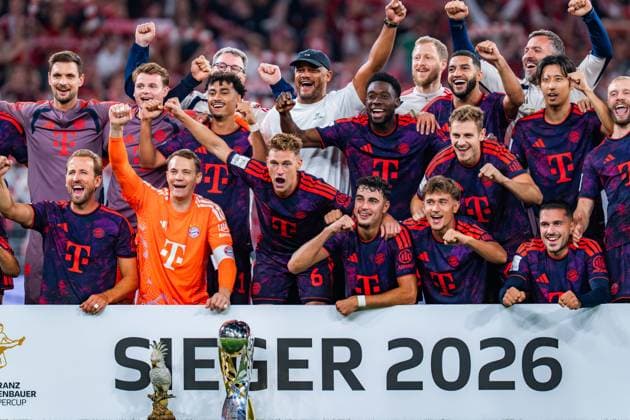 Supercup, Deutschland, Borussia Dortmund vs. FC Bayern München, 22.08.2026 im Signal Iduna Park Siegerehrung FC Bayern München Sieger Manuel Neuer Joshua Kimmich Saibari Harry Kane Nathaniel Brown Jonathan Tah Tom Bischof Michael Olise Arijon Ibrahimovic Maycon Cardozo *** Super Cup, Germany, Borussia Dortmund vs. FC Bayern Munich, August 22, 2026, at Signal Iduna Park. Award ceremony: FC Bayern Munich winners—Manuel Neuer, Joshua Kimmich, Saibari, Harry Kane, Nathaniel Brown, Jonathan Tah, Tom Bischof, Michael Olise, Arijon Ibrahimovic, Maycon Cardozo Copyright: xBahhoxKarax