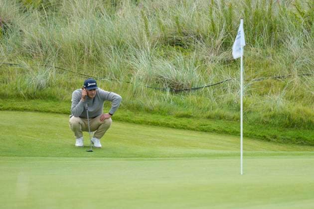 BALMEDIE, SCOTLAND - AUG 23: Maximilian Steinlechner (AUT) lines up a putt on the second green during Round 4 at the 2026 Nexo Championship at the Trump International Golf Links, Balmedie on August 23, 2026 in Aberdeenshire, Scotland The 2026 Nexo Championship