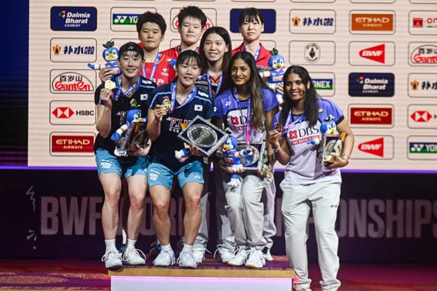 India BWF Championships 2026 Finalists of the Women s Doubles category pose with their medals at the BWF World Championships 2026 in New Delhi, India, on August 23, 2026. New Delhi Delhi India  Copyright: xKabirxJhangianix originalFilename:jhangiani-indiabwf260823_np1wV.jpg