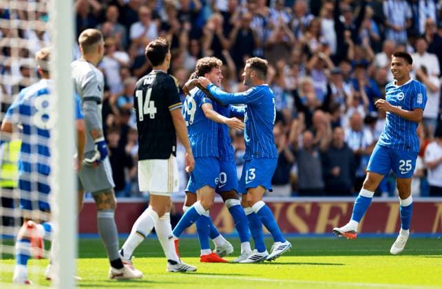 Maxim De Cuyper of Brighton and Hove Albion celebrates scoring a goal after making the score 1-0. Brighton and Hove Albion v Aston Villa, Premier League Football, Football, American Express Community Stadium, Brighton, UK - 23 Aug 2026Brighton American Express Community Stadi United Kingdom EDITORIAL USE ONLY No use with unauthorised audio, video, data, fixture lists, club league logos or live services. Online in-match use limited to 120 images, no video emulation. No use in betting, games or single club league player publications.  Copyright: xJamesxMarsh Shutterstockx 17112311av