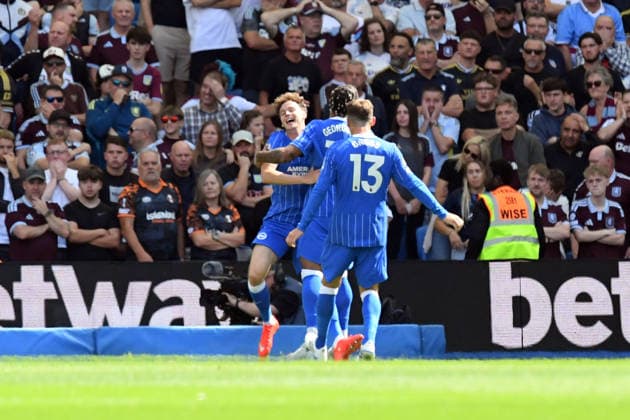 Brighton and Hove Albion v Aston Villa, Premier League GOAL CELEBRATION 1-0 scored by Maxim De Cuyper Defender of Brighton and Hove Albion during during the Premier League match between Brighton and Hove Albion and Aston Villa at the American Express Stadium, Brighton and Hove, UK on 23 August 2026. Brighton and Hove American Express Stadium East Sussex UK Editorial use only DataCo restrictions apply See www.football-dataco.com , Copyright: xJeffxMoodx PSI-24737-0025