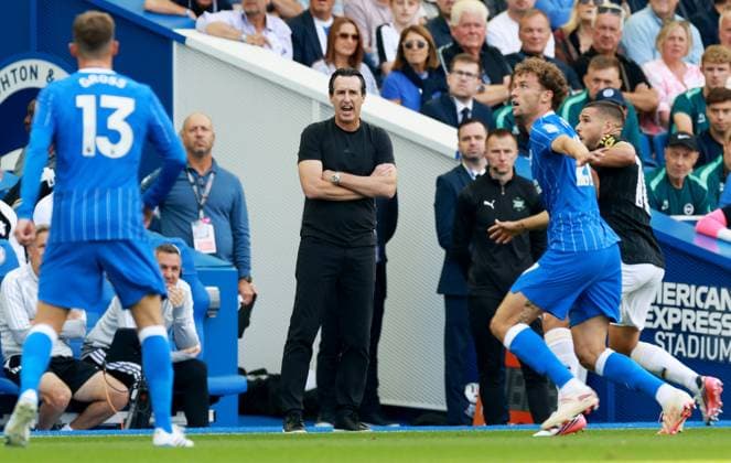 Aston Villa Manager Unai Emery. Brighton and Hove Albion v Aston Villa, Premier League Football, Football, American Express Community Stadium, Brighton, UK - 23 Aug 2026Brighton American Express Community Stadi United Kingdom EDITORIAL USE ONLY No use with unauthorised audio, video, data, fixture lists, club league logos or live services. Online in-match use limited to 120 images, no video emulation. No use in betting, games or single club league player publications.  Copyright: xJamesxMarsh Shutterstockx 17112311az