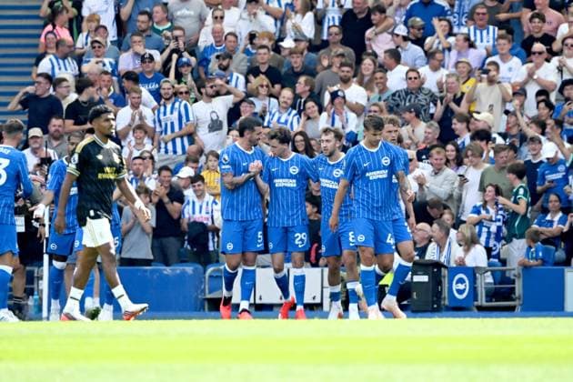 Brighton celebrate after going one nil up during the Premier League match between Brighton and Hove Albion and Aston Villa at the American Express Stadium, Brighton UK - Sunday 23rd August 2026 Brighton v Aston Villa Premier League Football, Amex Stadium, Sussex, UK - 23 Aug 2026Brighton Amex Stadium Sussex United Kingdom EDITORIAL USE ONLY No use with unauthorised audio, video, data, fixture lists, club league logos or live services. Online in-match use limited to 120 images, no video emulation. No use in betting, games or single club league player publications. . No mer  Copyright: xLizxFinlayson TPI Shutterstockx 17113558r