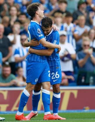 Maxim De Cuyper of Brighton and Hove Albion celebrates scoring a goal after making the score 2-0. Brighton and Hove Albion v Aston Villa, Premier League Football, Football, American Express Community Stadium, Brighton, UK - 23 Aug 2026Brighton American Express Community Stadi United Kingdom EDITORIAL USE ONLY No use with unauthorised audio, video, data, fixture lists, club league logos or live services. Online in-match use limited to 120 images, no video emulation. No use in betting, games or single club league player publications.  Copyright: xJamesxMarsh Shutterstockx 17112311ba