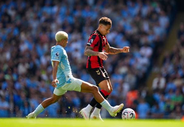 Marcus Tavernier of Bournemouth is tackled by Rico Lewis of Manchester City Manchester City v Bournemouth, Premier League, Football, Etihad Stadium, Manchester, UK - 23 Aug 2026Manchester Etihad Stadium United Kingdom EDITORIAL USE ONLY No use with unauthorised audio, video, data, fixture lists, club league logos or live services. Online in-match use limited to 120 images, no video emulation. No use in betting, games or single club league player publications.  Copyright: xWiredxPhotos Shutterstockx 17113667q