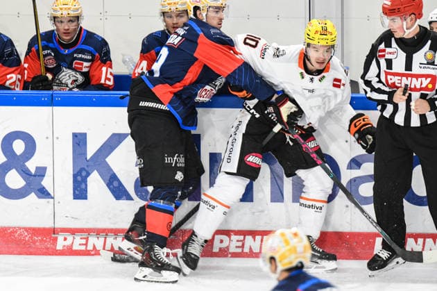 Nuernberg Ice Tigers vs. Loewen Frankfurt, Eishockey, Deutsche Eishockey Liga, Penny DEL, Vorbereitungsspiel, Gaeuboden Cup, Saison 2026 2027 am 23.08.2026 Austin Magera (Nuernberg Ice Tigers) an der Bande mit Brandon Biro (Loewen Frankfurt), Eishockey Herren, Deutsche Eishockey Liga, Penny DEL, Vorbereitungsspiel, Gaeuboden Cup, Saison 2026 2027 am 23.08.2026 im Eisstadion am Pulverturm, Nuernberg Ice Tigers (blau) gegen Loewen Frankfurt (weiss) *** Nuremberg Ice Tigers vs. Loewen Frankfurt, Ice Hockey, German Ice Hockey League, Penny DEL, Preseason Game, Gaeuboden Cup, 2026–2027 season on August 23, 2026: Austin Magera of the Nuremberg Ice Tigers at the boards with Brandon Biro of the Loewen Frankfurt, Men’s Ice Hockey, German Ice Hockey League, Penny DEL, Preseason Game, Gaeuboden Cup, 2026–2027 Season on August 23, 2026, at the Eisstadion am Pulverturm, Nuremberg Ice Tigers (blue) vs. Loewen Frankfurt (white)