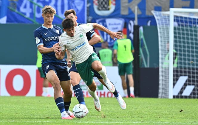 23.08.2026 - Fussball - Saison 2026 2027 - DFB Pokal Vereinspokal - 01. Runde: SpVgg Greuther Fürth ( Kleeblatt ) - VfL Bochum - Sportfoto Zink - xwoxzix - regulations prohibit any use of photographs as image sequences and or quasi-video - Tom Meyer (34, VfL Bochum ) Aaron Keller (11, SpVgg Greuther Fürth ) *** August 23, 2026 Soccer Season 2026–2027 DFB Cup Club Cup First Round SpVgg Greuther Fürth Kleeblatt vs. VfL Bochum Sports photo by Zink xwoxzix; regulations prohibit any use of photographs as image sequences and or quasi-video. Tom Meyer 34, VfL Bochum Aaron Keller 11, SpVgg Greuther Fürth