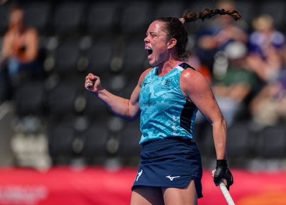 Day Nine Grace Balsdon of England celebrates scoring her first goal to give England a 3-1 lead during the Pool G match against Japan in the 2026 FIH Hockey World Cup at Wagener Stadium, Amstelveen 23 08 2026 UK Newspapers OUT Copyright: xGraemexWilcocksonx FIL-23821-0039