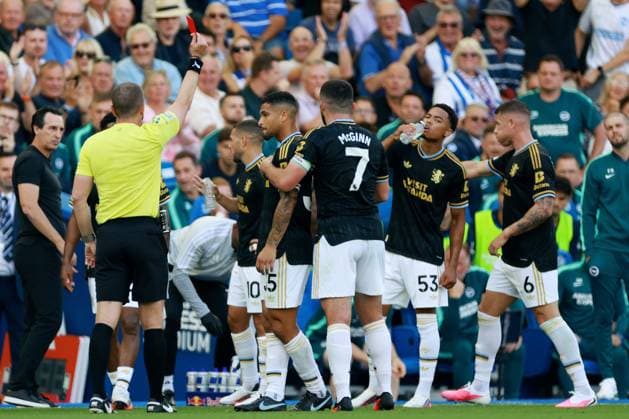 Joao Gomes of Aston Villa is shown a red card. Brighton and Hove Albion v Aston Villa, Premier League Football, Football, American Express Community Stadium, Brighton, UK - 23 Aug 2026Brighton American Express Community Stadi United Kingdom EDITORIAL USE ONLY No use with unauthorised audio, video, data, fixture lists, club league logos or live services. Online in-match use limited to 120 images, no video emulation. No use in betting, games or single club league player publications.  Copyright: xJamesxMarsh Shutterstockx 17112311bj