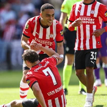 EINDHOVEN , 23-08-2026 , Philips Stadium , season 2026 2027 , Dutch Eredivisie football , match between PSV and Groningen , picture shows goal celebration by PSV player Sergio Dest PSV - Groningen  x205975625x Copyright: