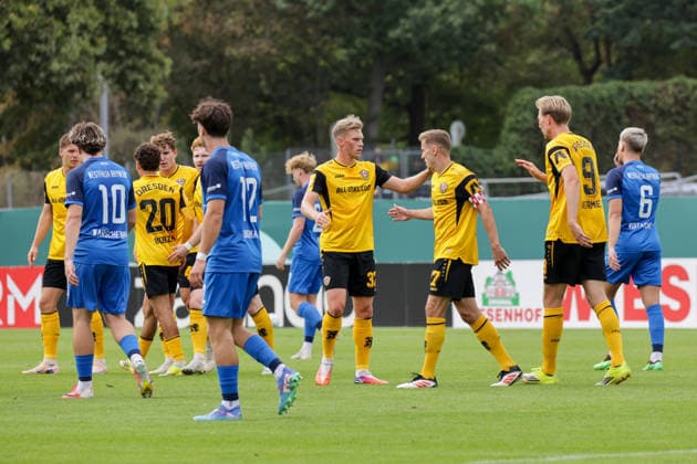 23.08.2026, xgrfx, Fussball DFB Pokal 1.Runde, SV Westfalia Rhynern - Dynamo Dresden v.l. Tor, Niklas Hauptmann zum 0:2 (Dynamo Dresden) (DFL DFB REGULATIONS PROHIBIT ANY USE OF PHOTOGRAPHS as IMAGE SEQUENCES and or QUASI-VIDEO) Münster *** August 23, 2026, xgrfx, Soccer, DFB Cup 1st Round, SV Westfalia Rhynern vs. Dynamo Dresden, goal, Niklas Hauptmann scores the 0–2 goal for Dynamo Dresden. DFL and DFB regulations prohibit any use of photographs as image sequences and or quasi-video. Münster
