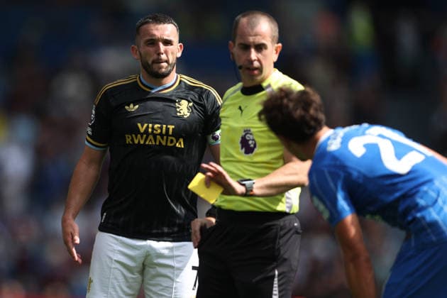 Brighton & Hove Albion v Aston Villa 23 August 2026 Brighton, Premier League Football - Brighton & Hove Albion v Aston Villa - John McGinn of Aston Villa receives a yellow card from referee Peter Bankes for a foul on Olivier Boscagli of Brighton & Hove Albion - (Photo by Mark Leech). Brighton UK *** Brighton Hove Albion gegen Aston Villa, 23. August 2026, Brighton, Premier League, Fußball: Brighton Hove Albion gegen Aston Villa. John McGinn von Aston Villa erhält von Schiedsrichter Peter Bankes eine gelbe Karte für ein Foul an Olivier Boscagli von Brighton Hove Albion. Foto: Mark Leech, Brighton, Großbritannien  Copyright: xMarkxLeechxOffside